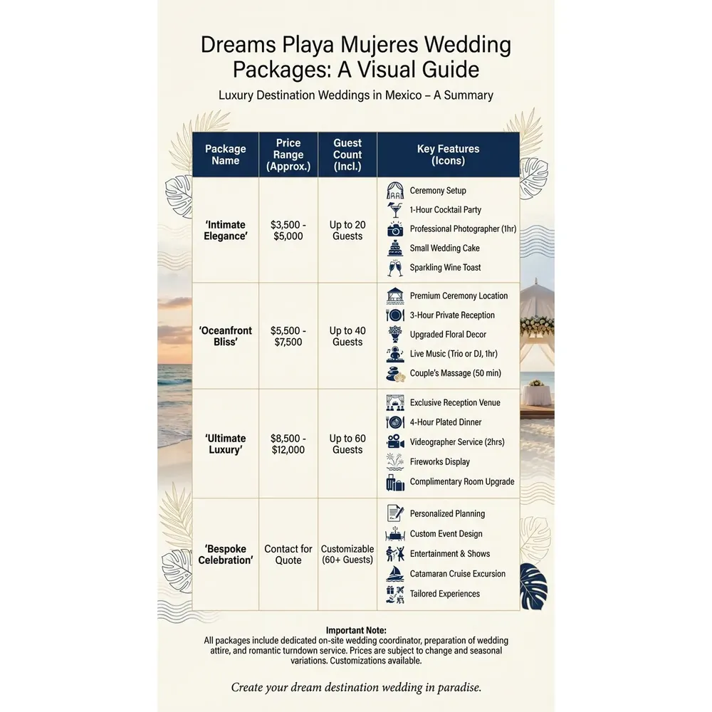 Featured. Visual focus: A table summarizing the Dreams Playa Mujeres wedding packages..