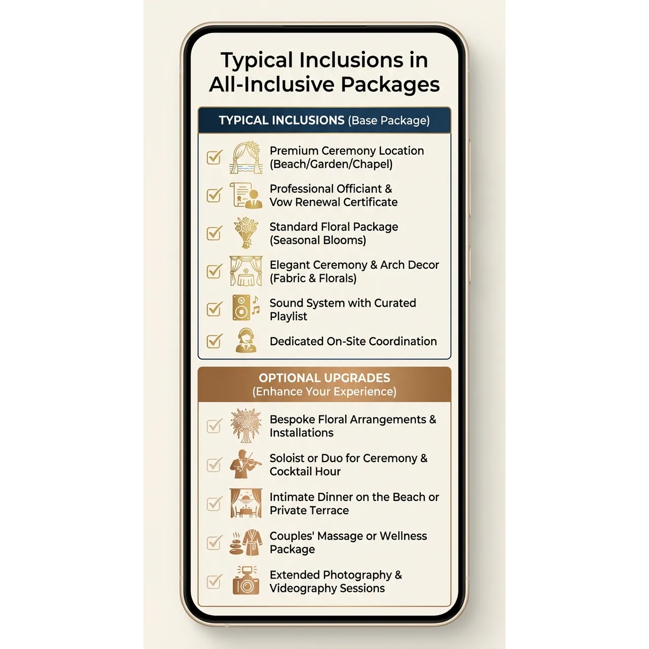 All-Inclusive Vow Renewal Packages – 2026 Guide | LVC – Typical Inclusions in All-Inclusive Packages infographic for luxury destination wedding and travel planning. Key details: ![Featured image](/_images/all-inclusive-vow-renewal-packages-featured.webp). Visual focus: A checklist-style infographic showcasing what's typically included.