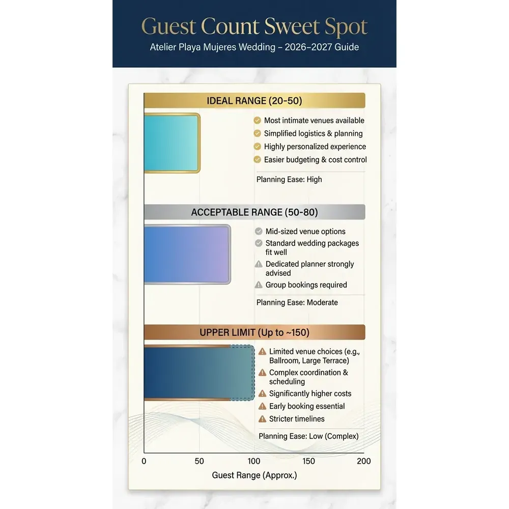 Atelier Playa Mujeres Wedding - 2026–2027 Guide – Guest Count Sweet Spot infographic for luxury destination wedding and travel planning. Key details: ![Atelier Playa Mujeres Wedding](/_images/atelier_playa_mujeres_wedding.png "Atelier. Visual focus: A bar graph illustrating the ideal guest range (20-50) for planning.