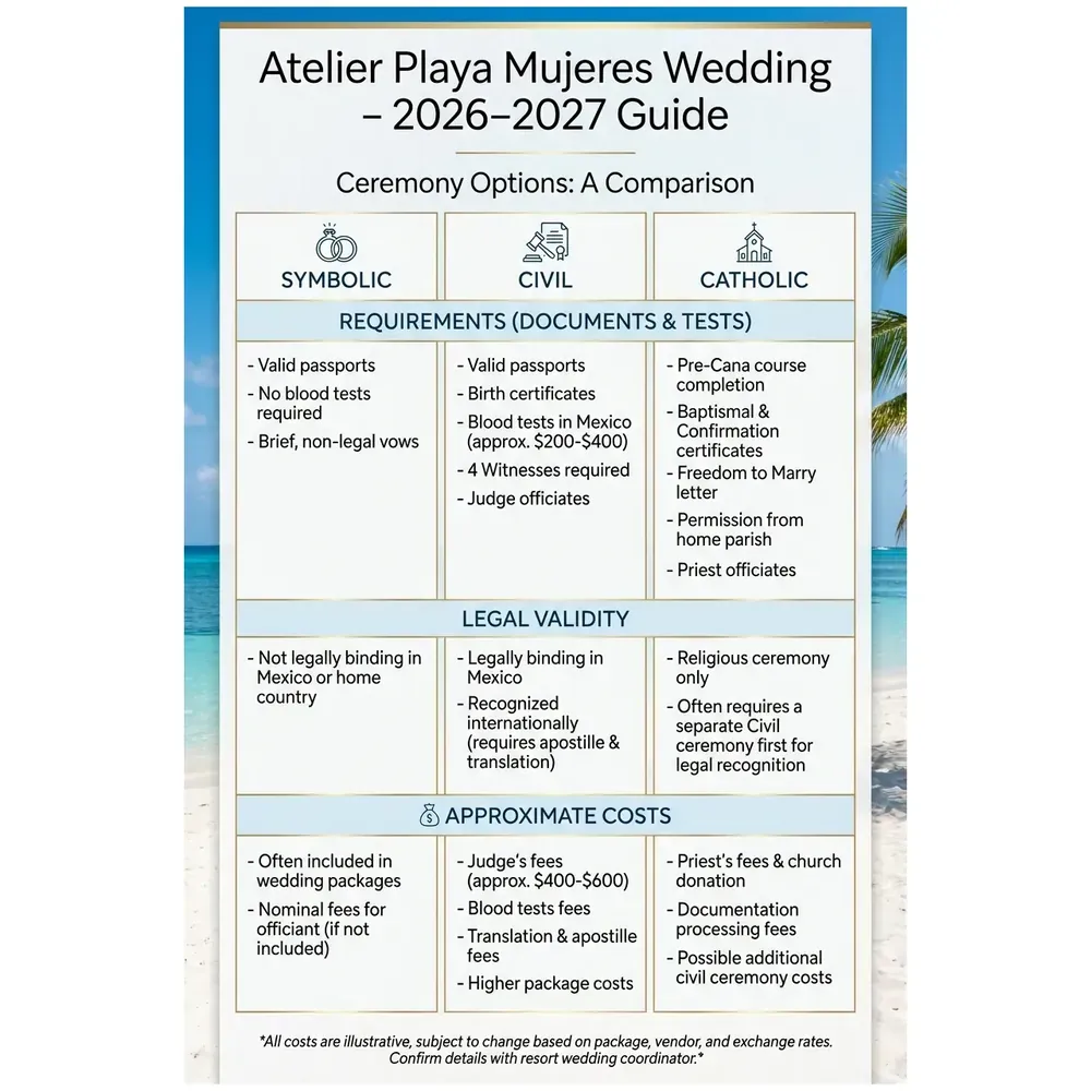 Atelier Playa Mujeres Wedding - 2026–2027 Guide – Ceremony Options: A Comparison infographic for luxury destination wedding and travel planning. Key details: ![Atelier Playa Mujeres Wedding](/_images/atelier_playa_mujeres_wedding.png "Atelier. Visual focus: A table comparing symbolic, civil, and Catholic wedding ceremonies,.