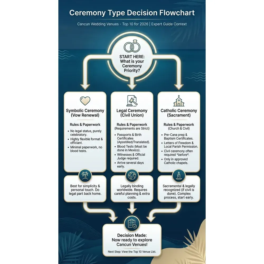 Cancun Wedding Venues - Top 10 for 2026 | Expert Guide – Ceremony Type Decision Flowchart overview. Cancun Wedding Venues - Top 10 for 2026 | Expert Guide – Ceremony Type Decision Flowchart infographic for luxury destination wedding and travel planning. Key details: Planning a 2026 destination wedding and comparing **Cancun wedding venues (Top 10 for. Visual focus: A flowchart guiding couples to choose between symbolic, legal, or.