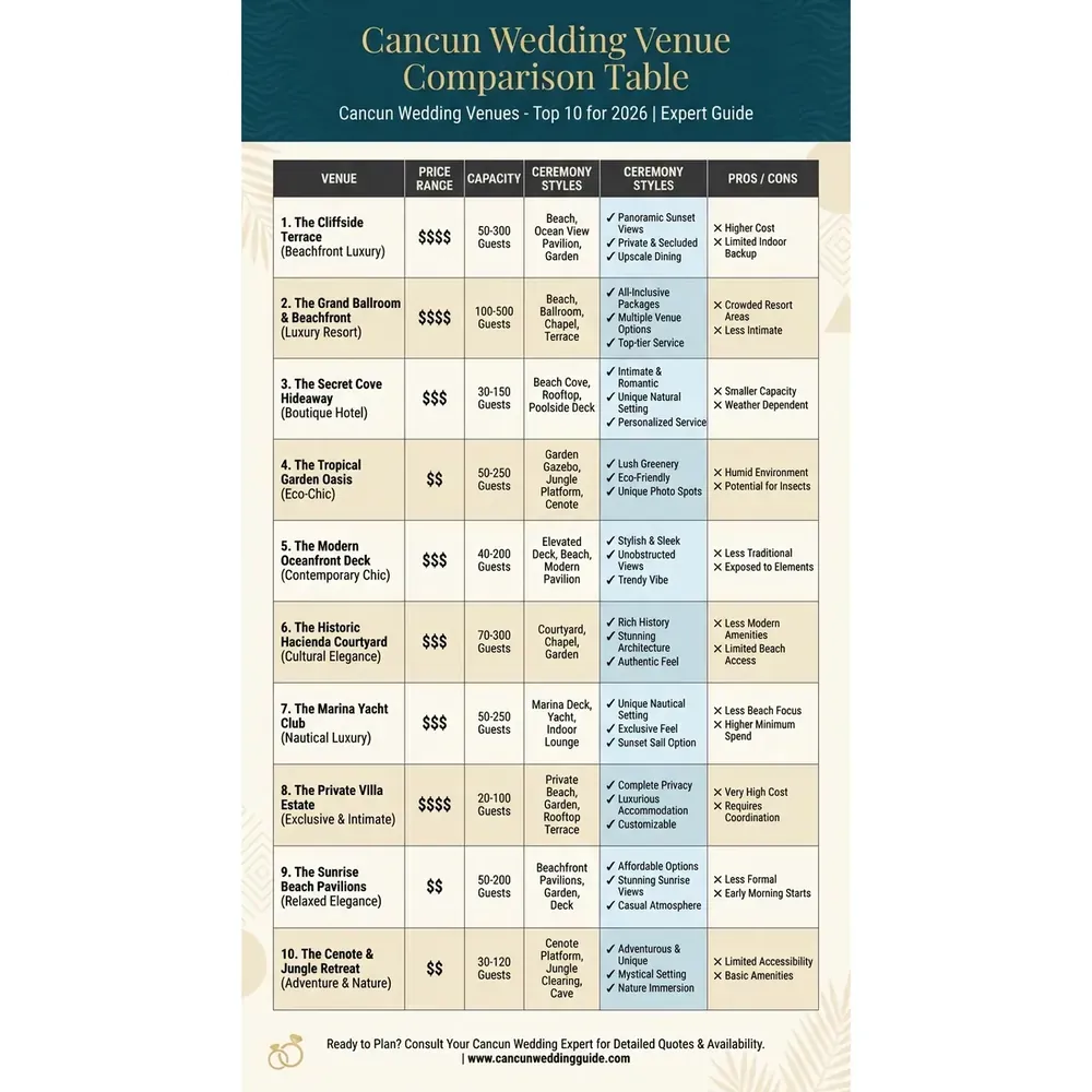 Cancun Wedding Venues - Top 10 for 2026 | Expert Guide – Cancun Wedding Venue Comparison Table overview. Cancun Wedding Venues - Top 10 for 2026 | Expert Guide – Cancun Wedding Venue Comparison Table infographic for luxury destination wedding and travel planning. Key details: Planning a 2026 destination wedding and comparing **Cancun wedding venues (Top 10 for. Visual focus: A table comparing the top 10 Cancun wedding venues based on key.