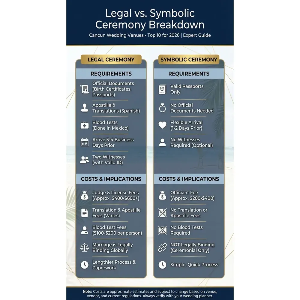Cancun Wedding Venues - Top 10 for 2026 | Expert Guide – Legal vs. Symbolic Ceremony Breakdown overview. Cancun Wedding Venues - Top 10 for 2026 | Expert Guide – Legal vs. Symbolic Ceremony Breakdown infographic for luxury destination wedding and travel planning. Key details: Planning a 2026 destination wedding and comparing **Cancun wedding venues (Top 10 for. Visual focus: A side-by-side comparison of the requirements and costs for legal vs..