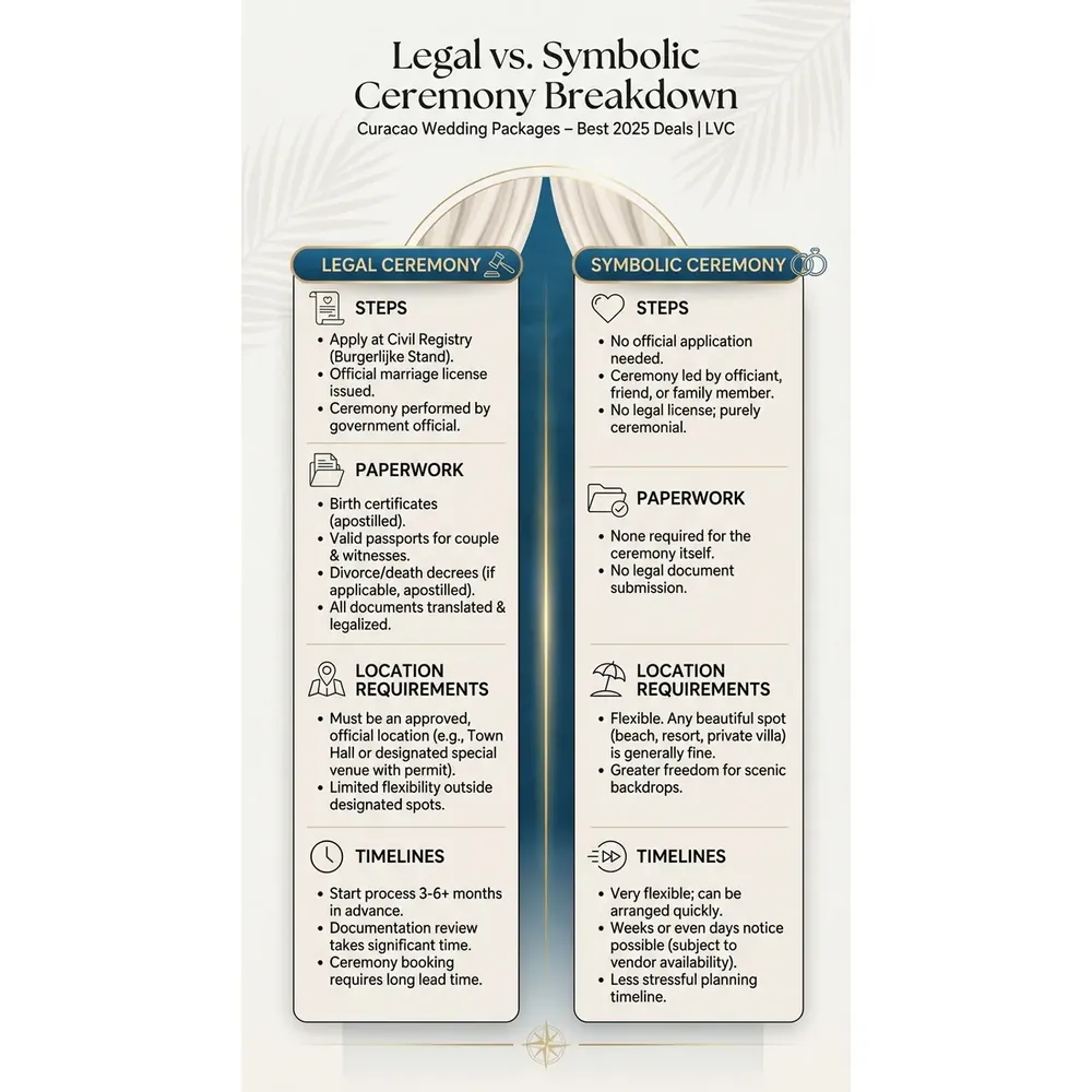 Curacao Wedding Packages – Best 2025 Deals | Expert Guide – Legal vs. Symbolic Ceremony Breakdown infographic for luxury destination wedding and travel planning. Key details: ![Featured image](/_images/curacao-wedding-packages-featured.webp). Visual focus: A flowchart or side-by-side table outlining the steps, paperwork, and.