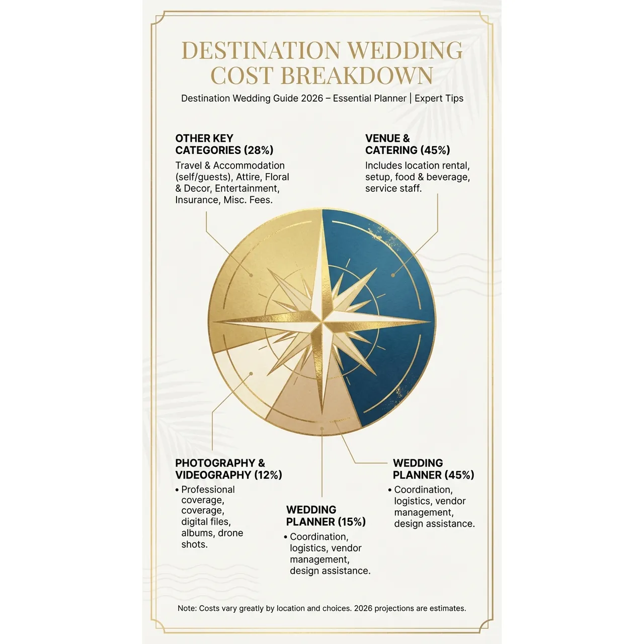 Destination Wedding Guide 2026 – Essential Planner | Expert Tips – Destination Wedding Cost Breakdown overview. Destination Wedding Guide 2026 – Essential Planner | Expert Tips – Destination Wedding Cost Breakdown infographic for luxury destination wedding and travel planning. Key details: Planning a **Destination Wedding** starts with one unromantic truth: you are not just. Visual focus: A pie chart illustrating the typical expenses associated with a.