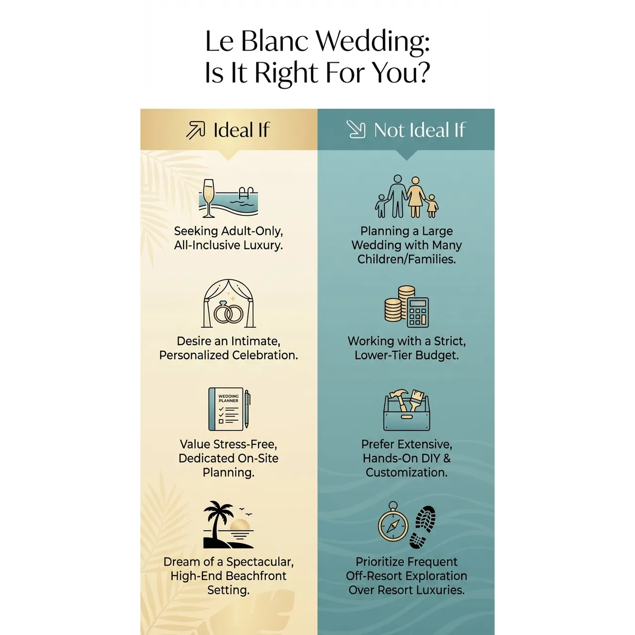 Le Blanc Cancun Wedding - The Complete Luxury Planning Guide (2026-2027) – Le Blanc Wedding: Is It Right For You? infographic for luxury destination wedding and travel planning. Key details: <div style="padding: 1rem; border: 2px solid #3b82f6; border-radius: 0.5rem;. Visual focus: A split visual comparing the 'Ideal If' and 'Not Ideal If' scenarios.