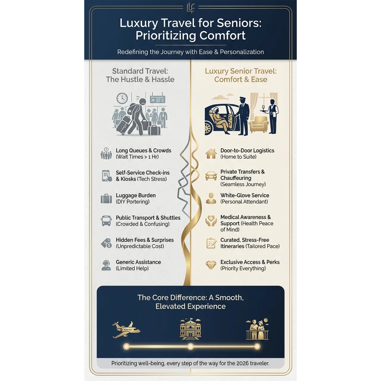 Luxury Travel for. Visual focus: This infographic visually contrasts standard travel hassles with the.