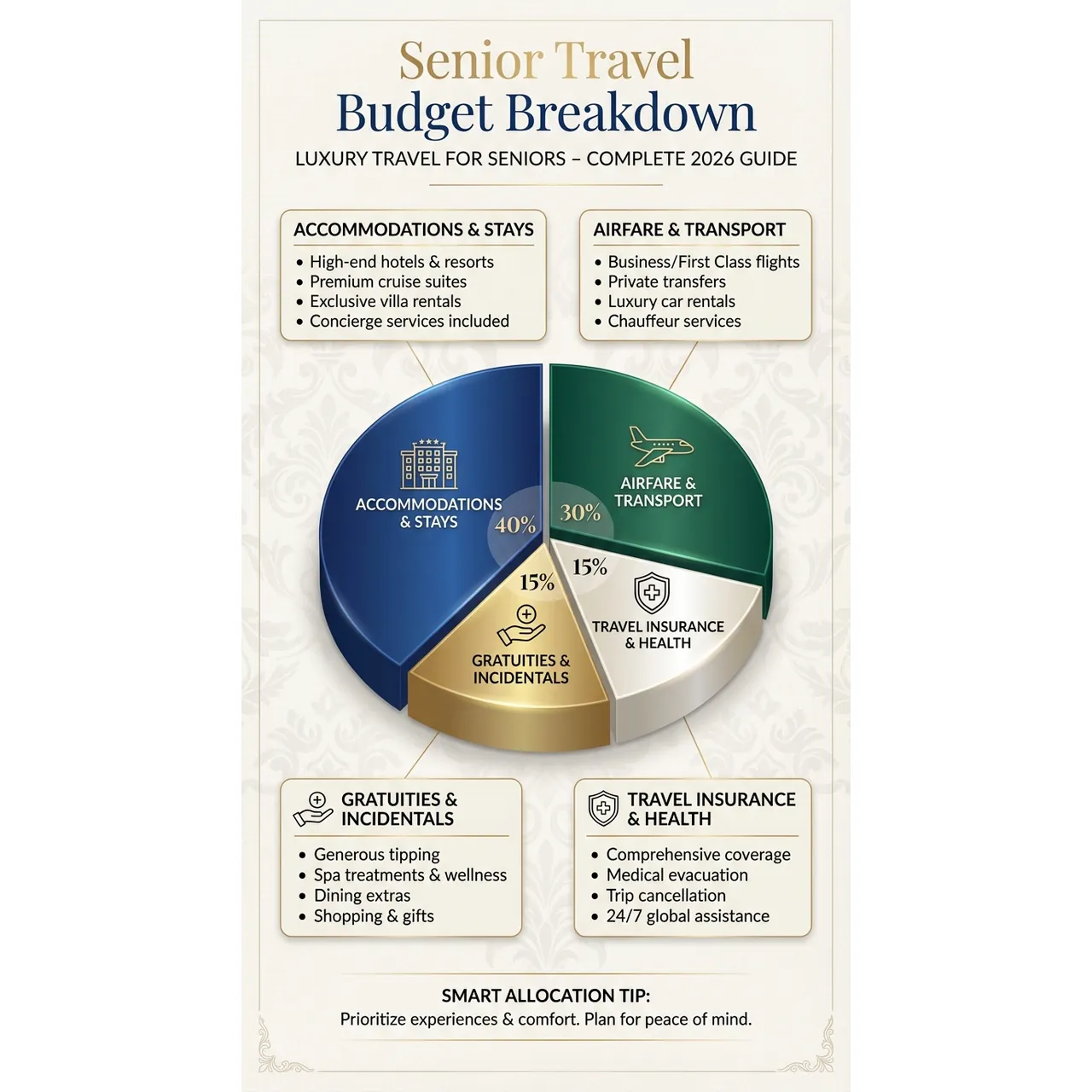 Luxury Travel for. Visual focus: A pie chart illustrating the key cost components of luxury senior.