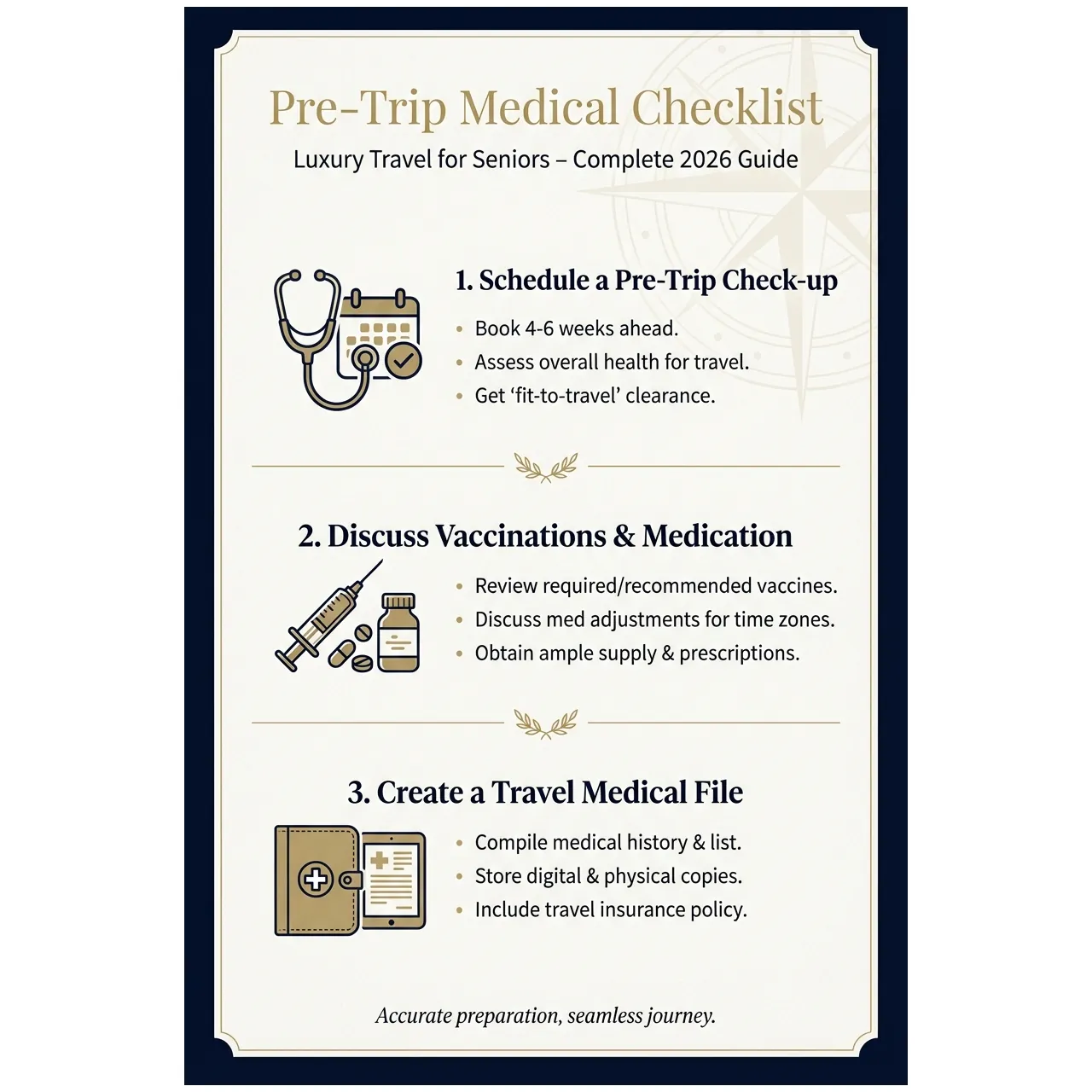 Luxury Travel for. Visual focus: A checklist outlining essential medical preparations before luxury.