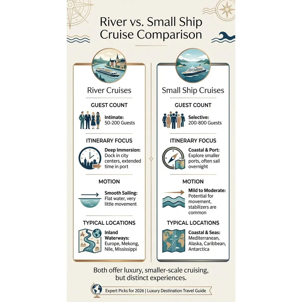River and Small Ship Cruises – 2026 Guide | Expert Picks – River vs. Small Ship Cruise Comparison infographic for luxury destination wedding and travel planning. Key details: ![Featured image](/_images/river-and-small-ship-cruises-featured.webp). Visual focus: Visually compare river cruises and small ship cruises based on key.