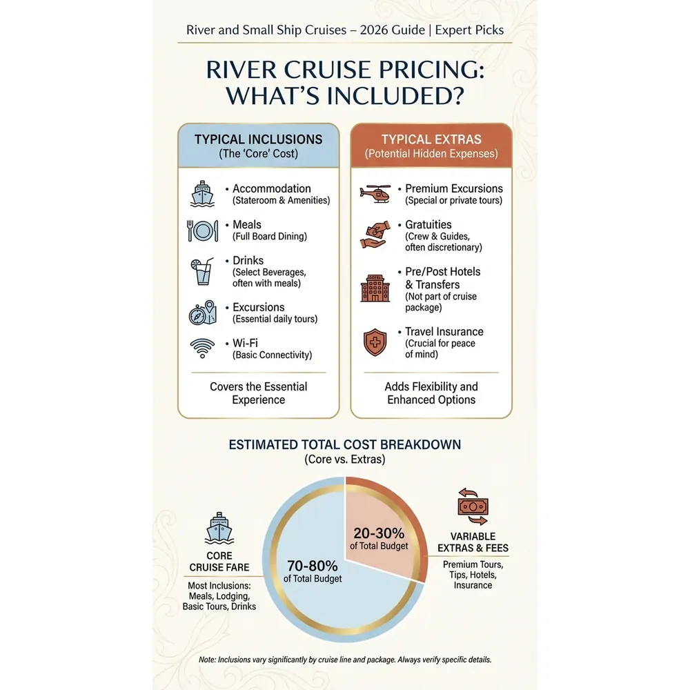 River and Small Ship Cruises – 2026 Guide | Expert Picks – River Cruise Pricing: What's Included? infographic for luxury destination wedding and travel planning. Key details: ![Featured image](/_images/river-and-small-ship-cruises-featured.webp). Visual focus: Illustrate typical river cruise inclusions (accommodation, meals,.