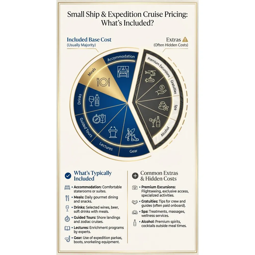 River and Small Ship Cruises – 2026 Guide | Expert Picks – Small Ship & Expedition Cruise Pricing: What's Included? infographic for luxury destination wedding and travel planning. Key details: ![Featured image](/_images/river-and-small-ship-cruises-featured.webp). Visual focus: Illustrate typical small ship & expedition cruise inclusions.