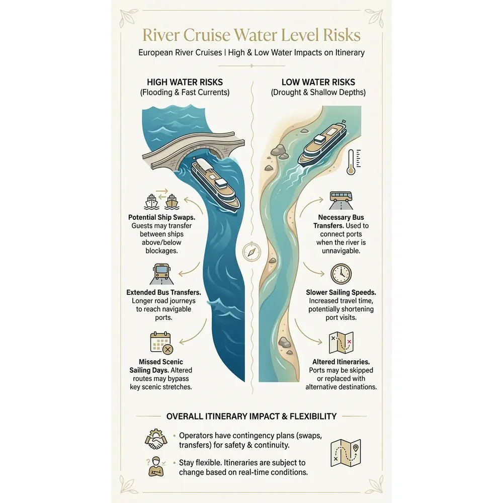 River and Small Ship Cruises – 2026 Guide | Expert Picks – River Cruise Water Level Risks infographic for luxury destination wedding and travel planning. Key details: ![Featured image](/_images/river-and-small-ship-cruises-featured.webp). Visual focus: Visually explain the risks of high and low water levels on European.