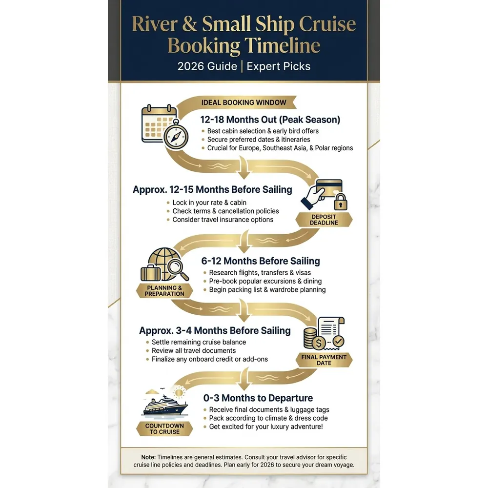 River and Small Ship Cruises – 2026 Guide | Expert Picks – River & Small Ship Cruise Booking Timeline infographic for luxury destination wedding and travel planning. Key details: ![Featured image](/_images/river-and-small-ship-cruises-featured.webp). Visual focus: Illustrate a timeline showing the ideal booking window for river and.