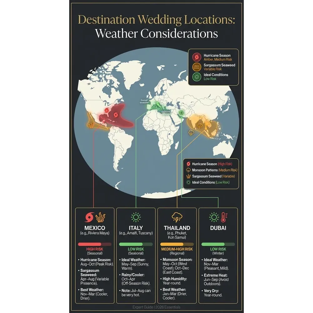 Sikh Destination Wedding Guide – 2026 Essentials | Expert – Destination Wedding Locations: Weather Considerations infographic for luxury destination wedding and travel planning. Key details: Planning a **Sikh Destination Wedding** is not about chasing Instagram shots. You are. Visual focus: Illustrate weather risks (hurricane season, monsoon patterns,.