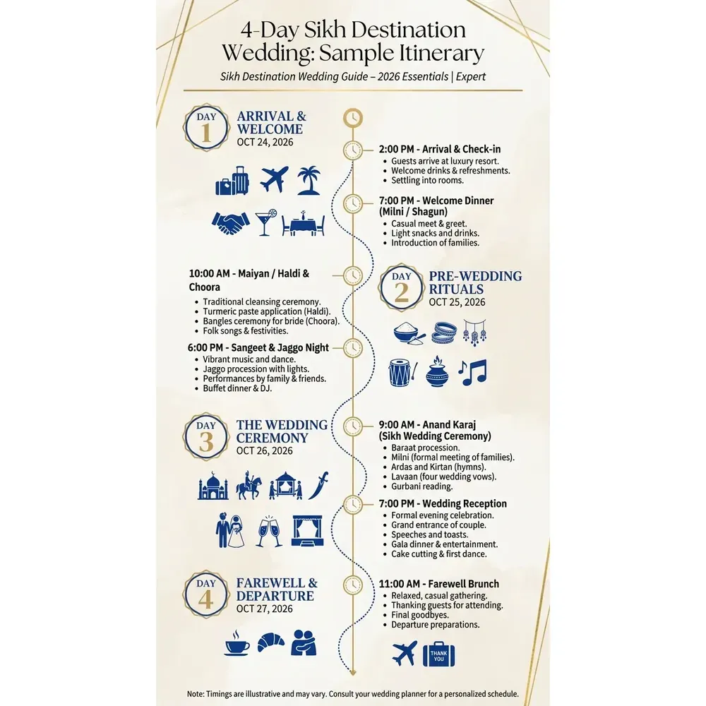 Sikh Destination Wedding Guide – 2026 Essentials | Expert – 4-Day Sikh Destination Wedding: Sample Itinerary infographic for luxury destination wedding and travel planning. Key details: Planning a **Sikh Destination Wedding** is not about chasing Instagram shots. You are. Visual focus: Present a visual timeline of a typical 4-day Sikh destination.
