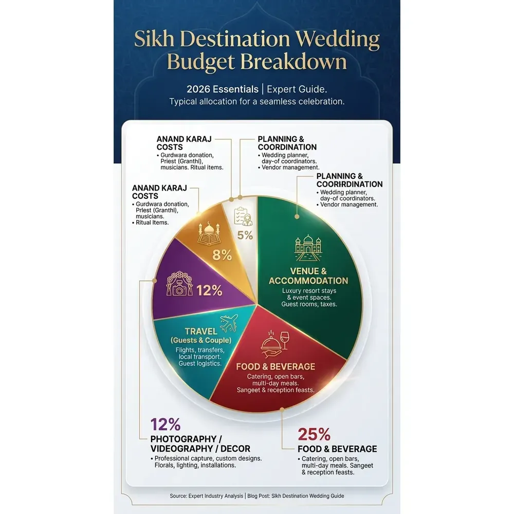 Sikh Destination Wedding Guide – 2026 Essentials | Expert – Sikh Destination Wedding Budget Breakdown infographic for luxury destination wedding and travel planning. Key details: Planning a **Sikh Destination Wedding** is not about chasing Instagram shots. You are. Visual focus: Use a pie chart to illustrate the typical cost breakdown for a Sikh.