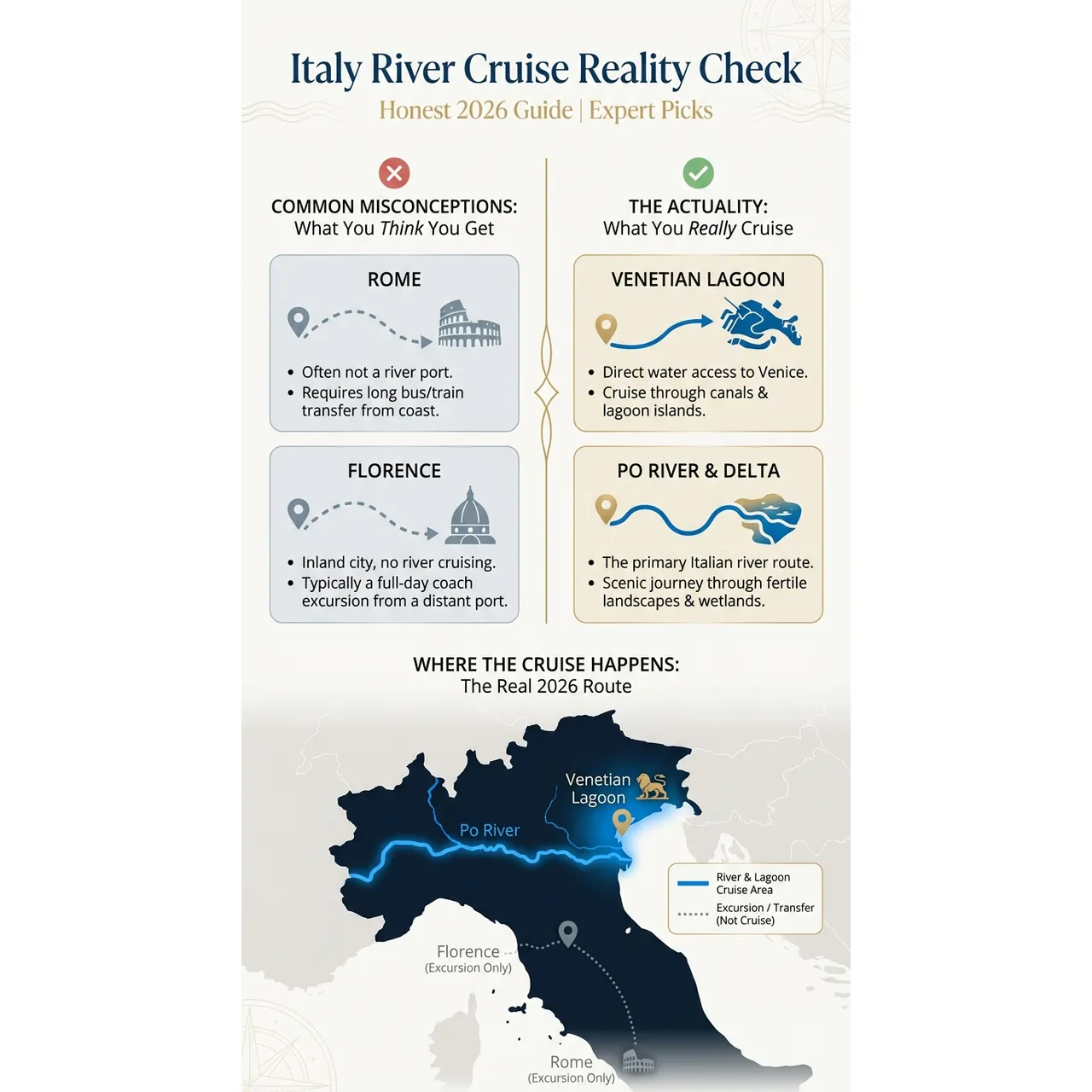 Italy River Cruises – Honest 2026 Guide | Expert Picks – Italy River Cruise Reality Check overview. Italy River Cruises – Honest 2026 Guide | Expert Picks – Italy River Cruise Reality Check infographic for luxury cruise planning. Key details: Italy river cruises center almost entirely on the Po River and the Venetian lagoon,. Visual focus: Visually contrasts common misconceptions (Rome, Florence cruises).