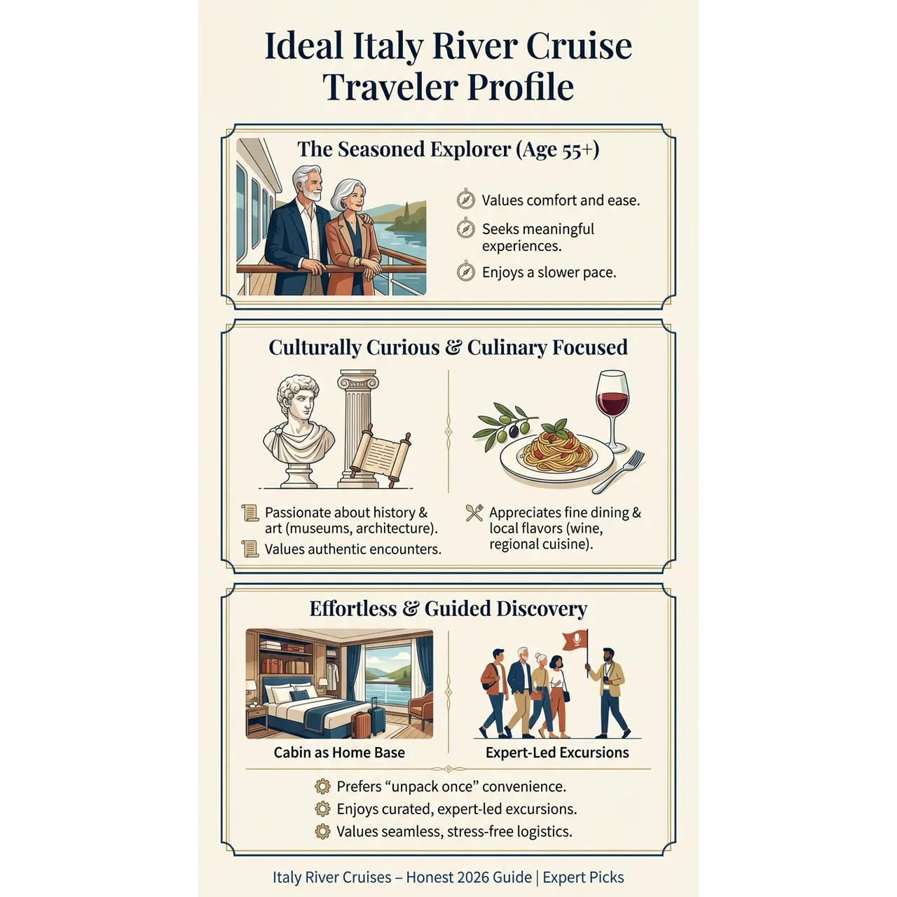 Italy River Cruises – Honest 2026 Guide | Expert Picks – Ideal Italy River Cruise Traveler Profile overview. Italy River Cruises – Honest 2026 Guide | Expert Picks – Ideal Italy River Cruise Traveler Profile infographic for luxury cruise planning. Key details: Italy river cruises center almost entirely on the Po River and the Venetian lagoon,. Visual focus: Presents a visual profile of the ideal Italy river cruise traveler,.