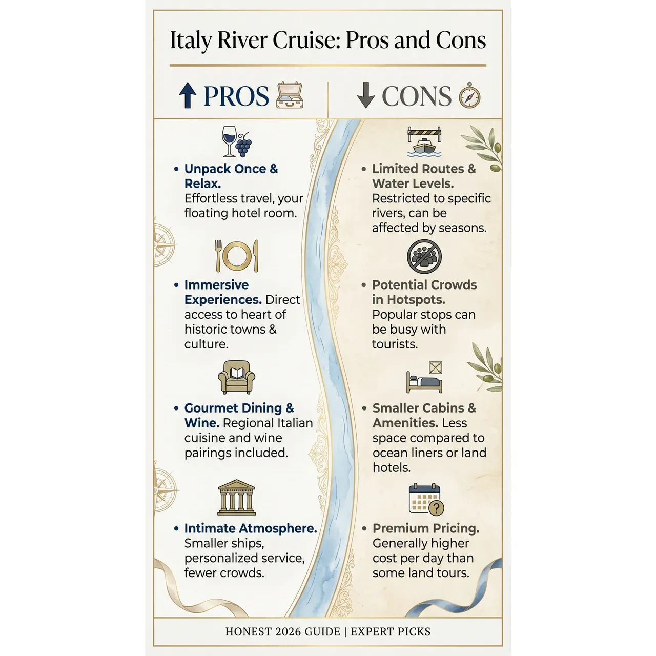 Italy River Cruises – Honest 2026 Guide | Expert Picks – Italy River Cruise: Pros and Cons overview. Italy River Cruises – Honest 2026 Guide | Expert Picks – Italy River Cruise: Pros and Cons infographic for luxury cruise planning. Key details: Italy river cruises center almost entirely on the Po River and the Venetian lagoon,. Visual focus: A balanced comparison of the advantages and disadvantages of Italy.