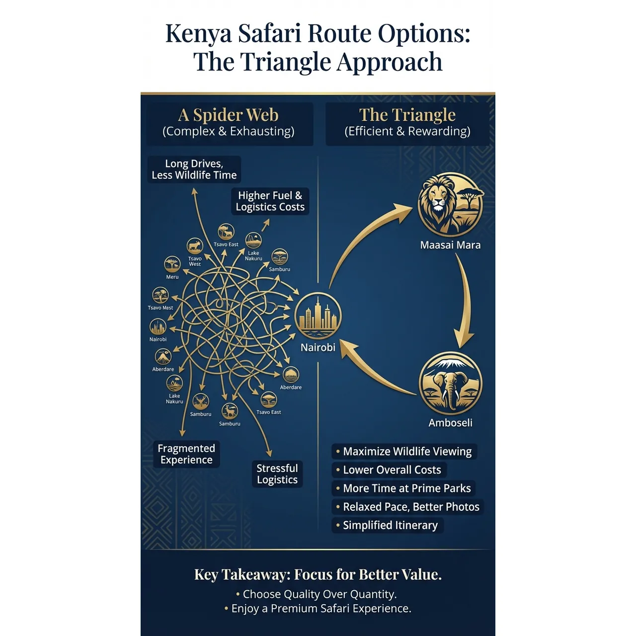 Kenya 7 Day Safari Itinerary: Routes, Costs & Tips – Kenya Safari Route Options: The Triangle Approach infographic for luxury destination wedding and travel planning. Key details: A **Kenya 7 day safari itinerary** can absolutely deliver serious Big Five sightings,. Visual focus: Visually represent the 'triangle, not a spider web' concept, showing.