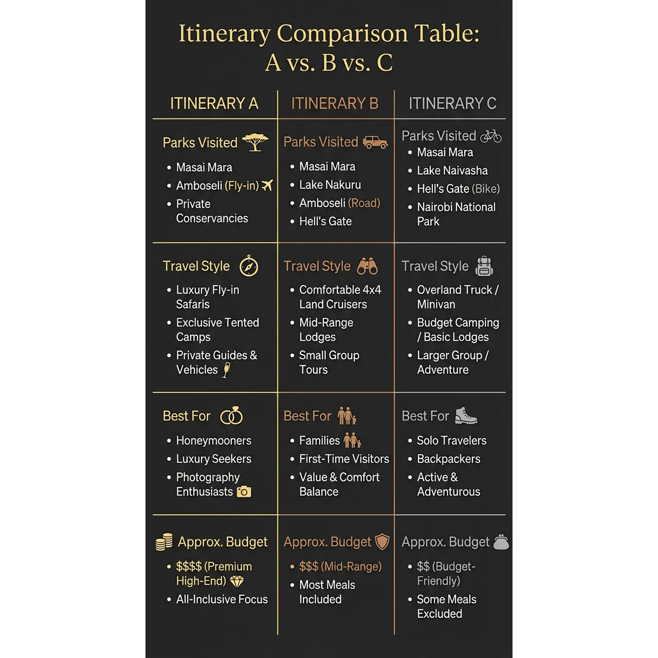 Kenya 7 Day Safari Itinerary: Routes, Costs & Tips – Itinerary Comparison Table: A vs. B vs. C infographic for luxury destination wedding and travel planning. Key details: A **Kenya 7 day safari itinerary** can absolutely deliver serious Big Five sightings,. Visual focus: Create a visually appealing summary of the key differences between.
