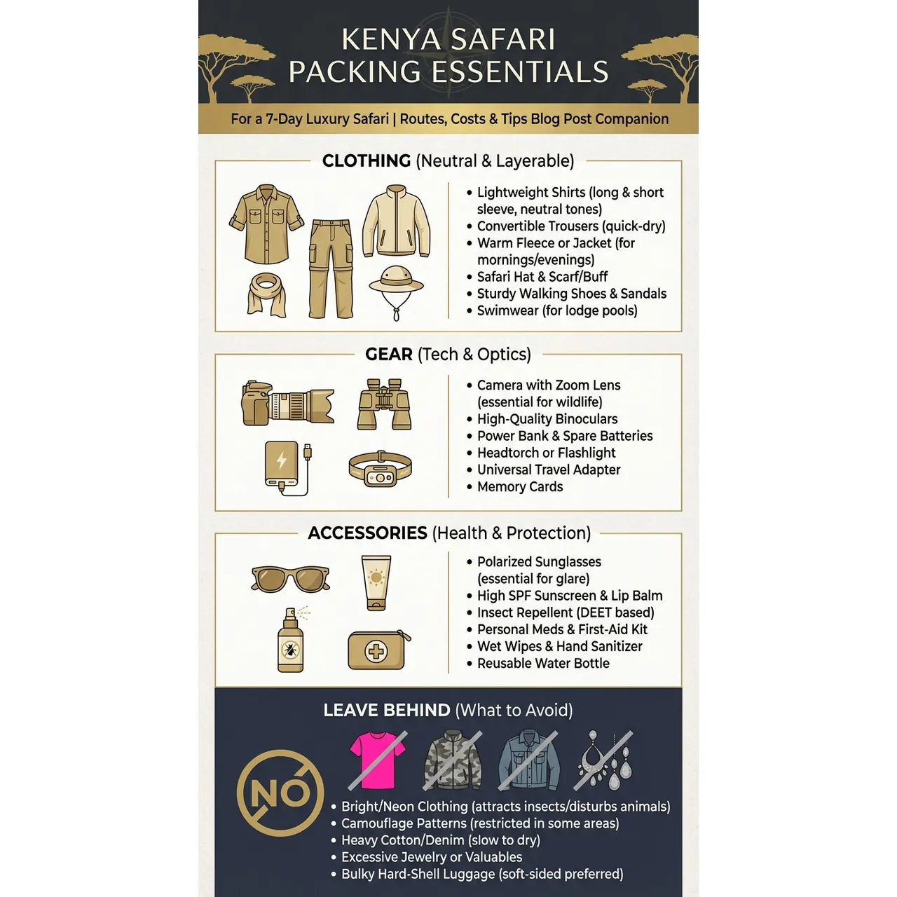 Kenya 7 Day Safari Itinerary: Routes, Costs & Tips – Kenya Safari Packing Essentials infographic for luxury destination wedding and travel planning. Key details: A **Kenya 7 day safari itinerary** can absolutely deliver serious Big Five sightings,. Visual focus: Visually showcase essential packing items for a 7-day Kenya safari.