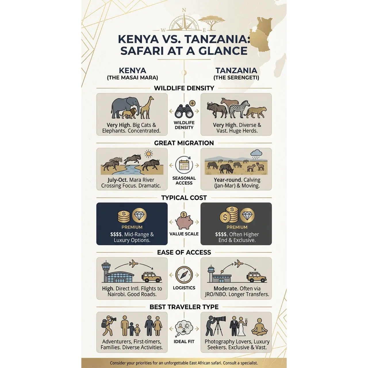 Kenya vs Tanzania Safari: How to Choose the Best Trip – Kenya vs. Tanzania: Safari at a Glance overview. Kenya vs Tanzania Safari: How to Choose the Best Trip – Kenya vs. Tanzania: Safari at a Glance infographic for African safari planning. Key details: Choosing between a **Kenya vs Tanzania safari** is not about which country wins a. Visual focus: Visually compare key aspects of a Kenya vs Tanzania safari, such as.