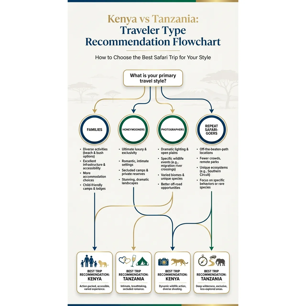 Kenya vs Tanzania Safari: How to Choose the Best Trip – Kenya vs Tanzania: Traveler Type Recommendation Flowchart overview. Kenya vs Tanzania Safari: How to Choose the Best Trip – Kenya vs Tanzania: Traveler Type Recommendation Flowchart infographic for African safari planning. Key details: Choosing between a **Kenya vs Tanzania safari** is not about which country wins a. Visual focus: Create a flowchart to help readers quickly determine which country is.