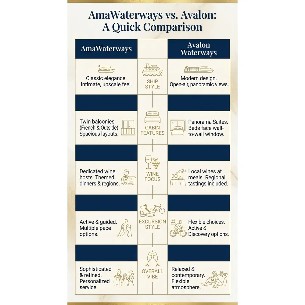 AmaWaterways vs Avalon Wine Cruises – 2026 Guide | Expert Picks – AmaWaterways vs. Avalon: A Quick Comparison infographic for luxury cruise planning. Key details: ![Featured image](/_images/amawaterways-vs-avalon-for-wine-cruises-featured.webp). Visual focus: A side-by-side table summarizing key differences: ship style, cabin.