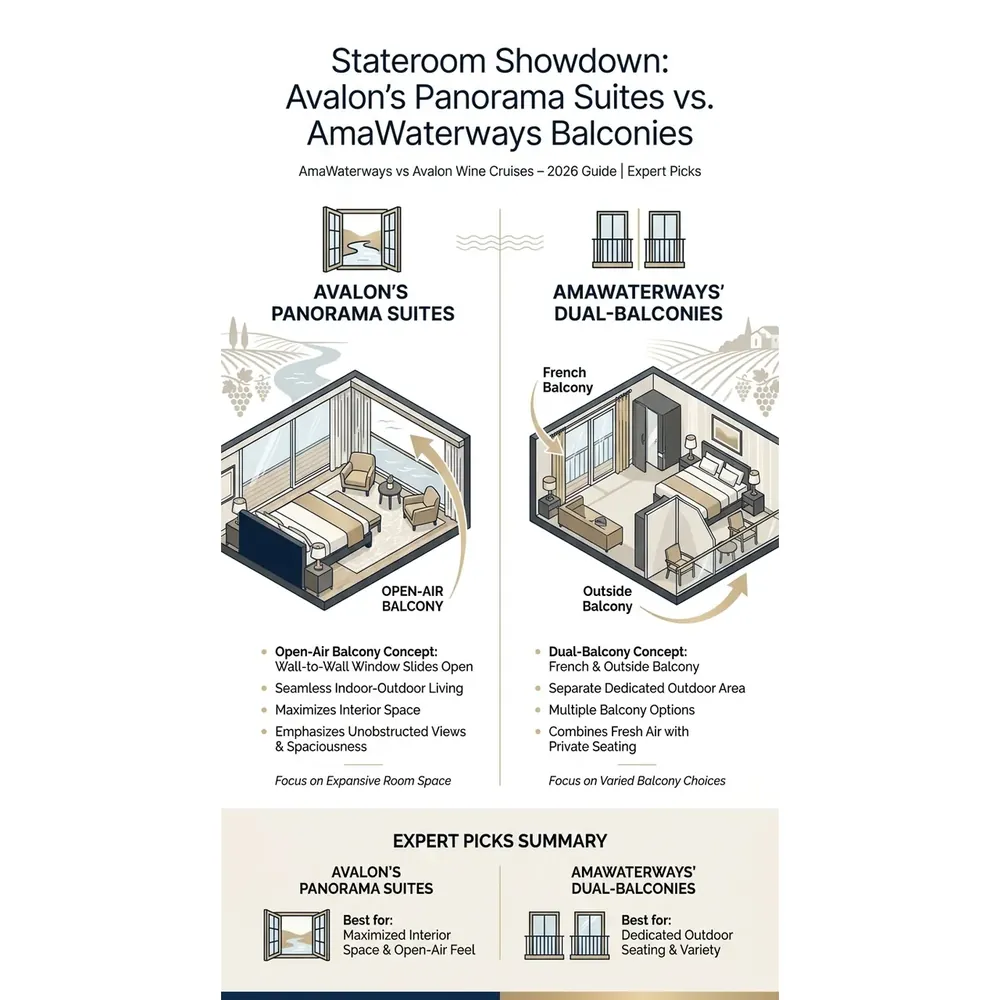 AmaWaterways vs Avalon Wine Cruises – 2026 Guide | Expert Picks – Stateroom Showdown: Avalon's Panorama Suites vs. AmaWaterways Balconies infographic for luxury cruise planning. Key details: ![Featured image](/_images/amawaterways-vs-avalon-for-wine-cruises-featured.webp). Visual focus: Visually compare Avalon's open-air balcony concept with AmaWaterways'.
