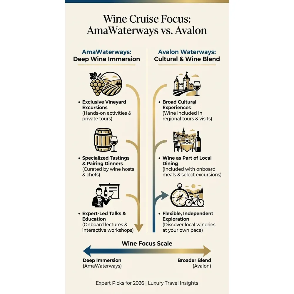 AmaWaterways vs Avalon Wine Cruises – 2026 Guide | Expert Picks – Wine Cruise Focus: AmaWaterways vs. Avalon infographic for luxury cruise planning. Key details: ![Featured image](/_images/amawaterways-vs-avalon-for-wine-cruises-featured.webp). Visual focus: Illustrate the level of wine integration in each cruise line. Show.