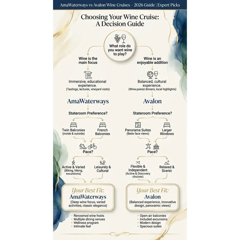 AmaWaterways vs Avalon Wine Cruises – 2026 Guide | Expert Picks – Choosing Your Wine Cruise: A Decision Guide infographic for luxury cruise planning. Key details: ![Featured image](/_images/amawaterways-vs-avalon-for-wine-cruises-featured.webp). Visual focus: A flowchart helping readers decide between AmaWaterways and Avalon.