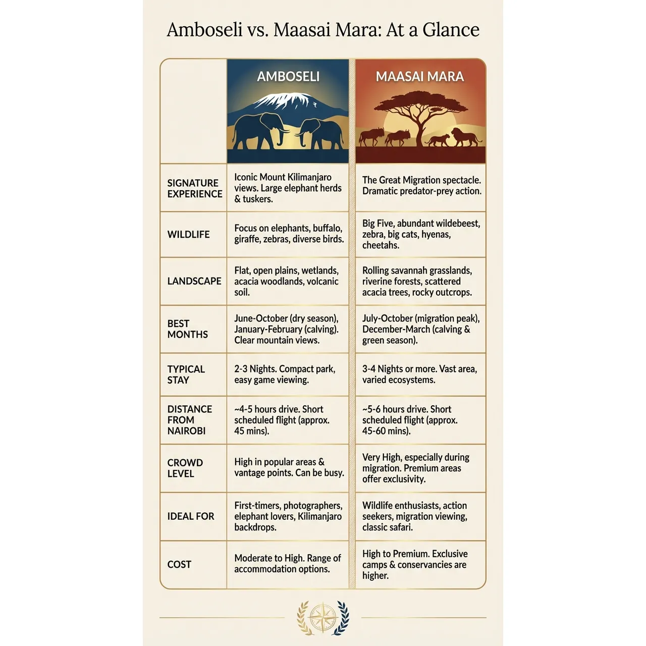 Amboseli vs Maasai Mara: How to Choose Your Safari – Amboseli vs. Maasai Mara: At a Glance infographic for luxury destination wedding and travel planning. Key details: Amboseli vs Maasai Mara is one of the key decisions in any Kenya safari plan. Both. Visual focus: A side-by-side comparison table highlighting key differences:.