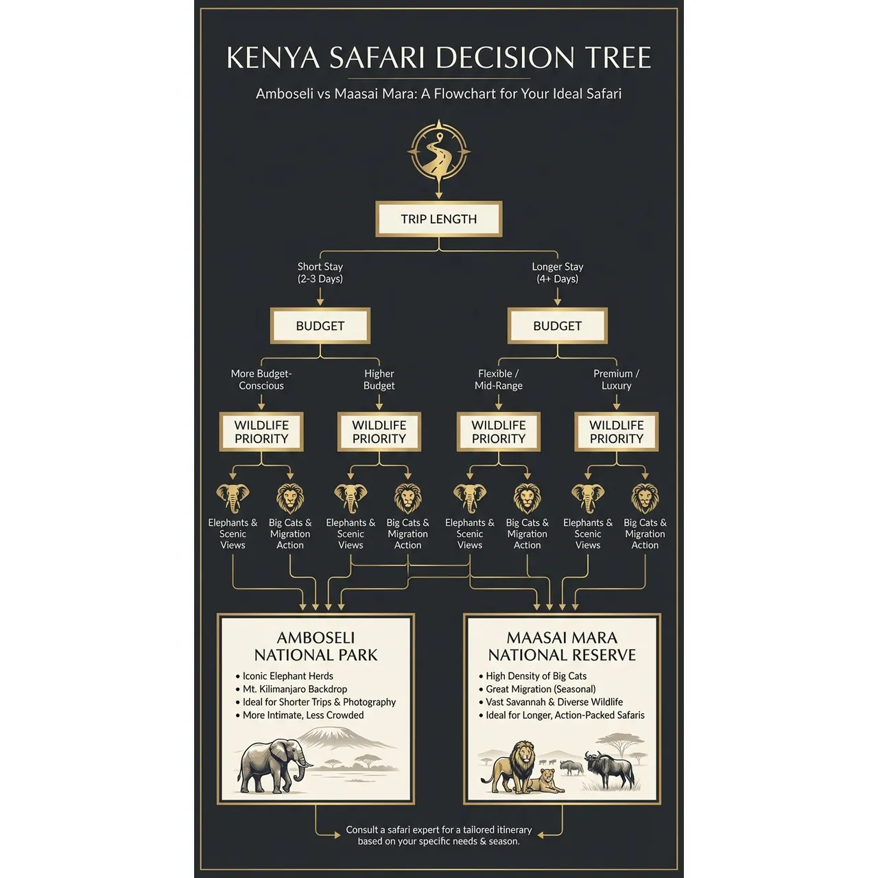 Amboseli vs Maasai Mara: How to Choose Your Safari – Kenya Safari Decision Tree infographic for luxury destination wedding and travel planning. Key details: Amboseli vs Maasai Mara is one of the key decisions in any Kenya safari plan. Both. Visual focus: A flowchart to help readers decide between Amboseli and Maasai Mara.