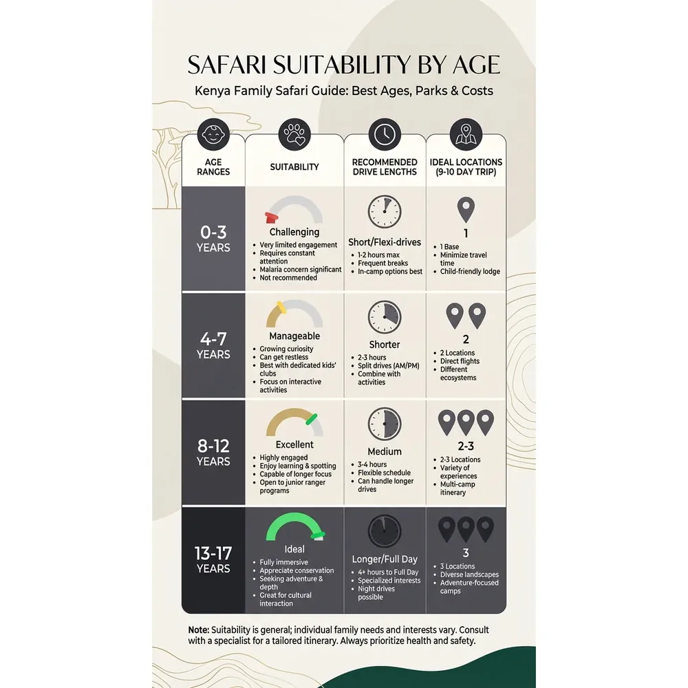 Kenya Family Safari Guide: Best Ages, Parks & Costs – Safari Suitability by Age infographic for luxury destination wedding and travel planning. Key details: A Kenya family safari can be the trip your children talk about at every Christmas for the. Visual focus: A table visualizing the best ages for a Kenya family safari, linking.