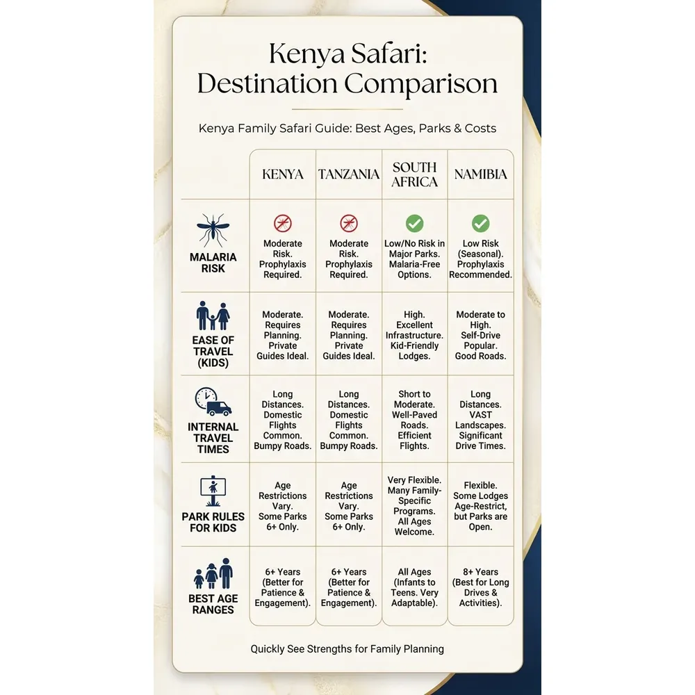 Kenya Family Safari Guide: Best Ages, Parks & Costs – Kenya Safari: Destination Comparison infographic for luxury destination wedding and travel planning. Key details: A Kenya family safari can be the trip your children talk about at every Christmas for the. Visual focus: A comparison table of Kenya, Tanzania, South Africa, and Namibia,.