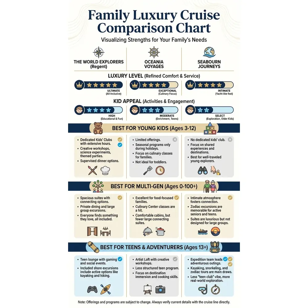Top 3 Family Luxury Cruises – Family Luxury Cruise Comparison Chart infographic Key details: ![Featured image](/_images/top-3-family-luxury-cruises-featured.webp). Visual focus: A visual representation of the cruise comparison table, using icons.