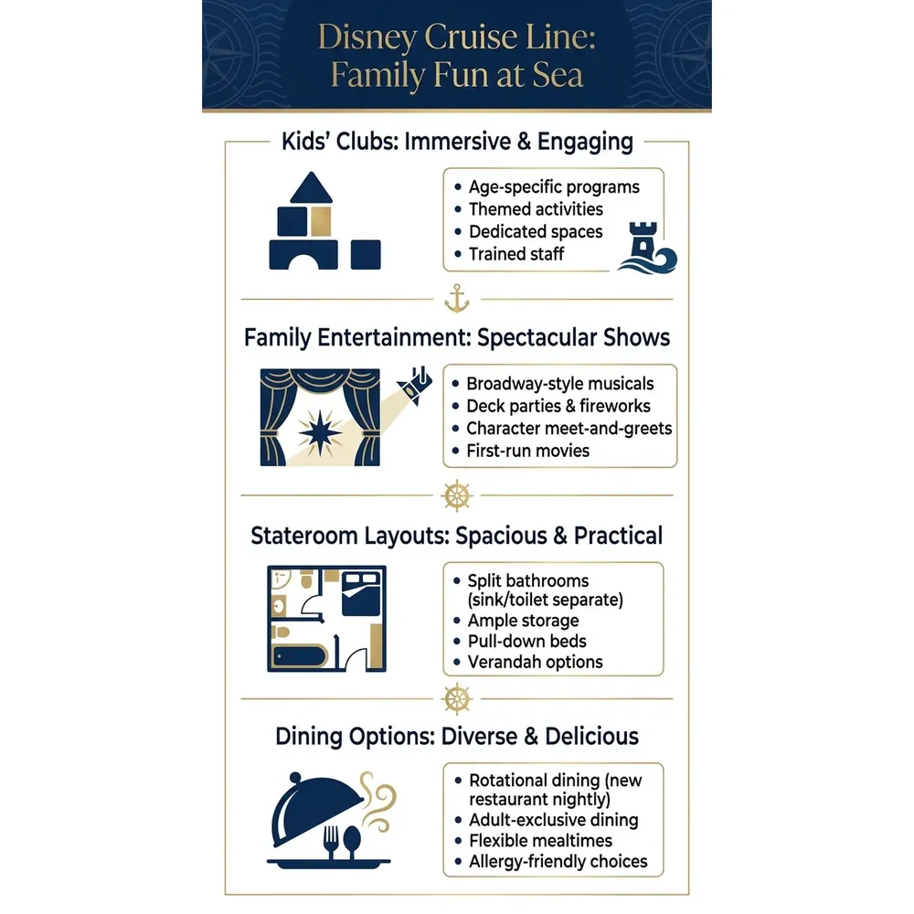 Top 3 Family Luxury Cruises – Disney Cruise Line: Family Fun at Sea infographic for luxury cruise planning. Key details: ![Featured image](/_images/top-3-family-luxury-cruises-featured.webp). Visual focus: An infographic showcasing the key features and benefits of Disney.