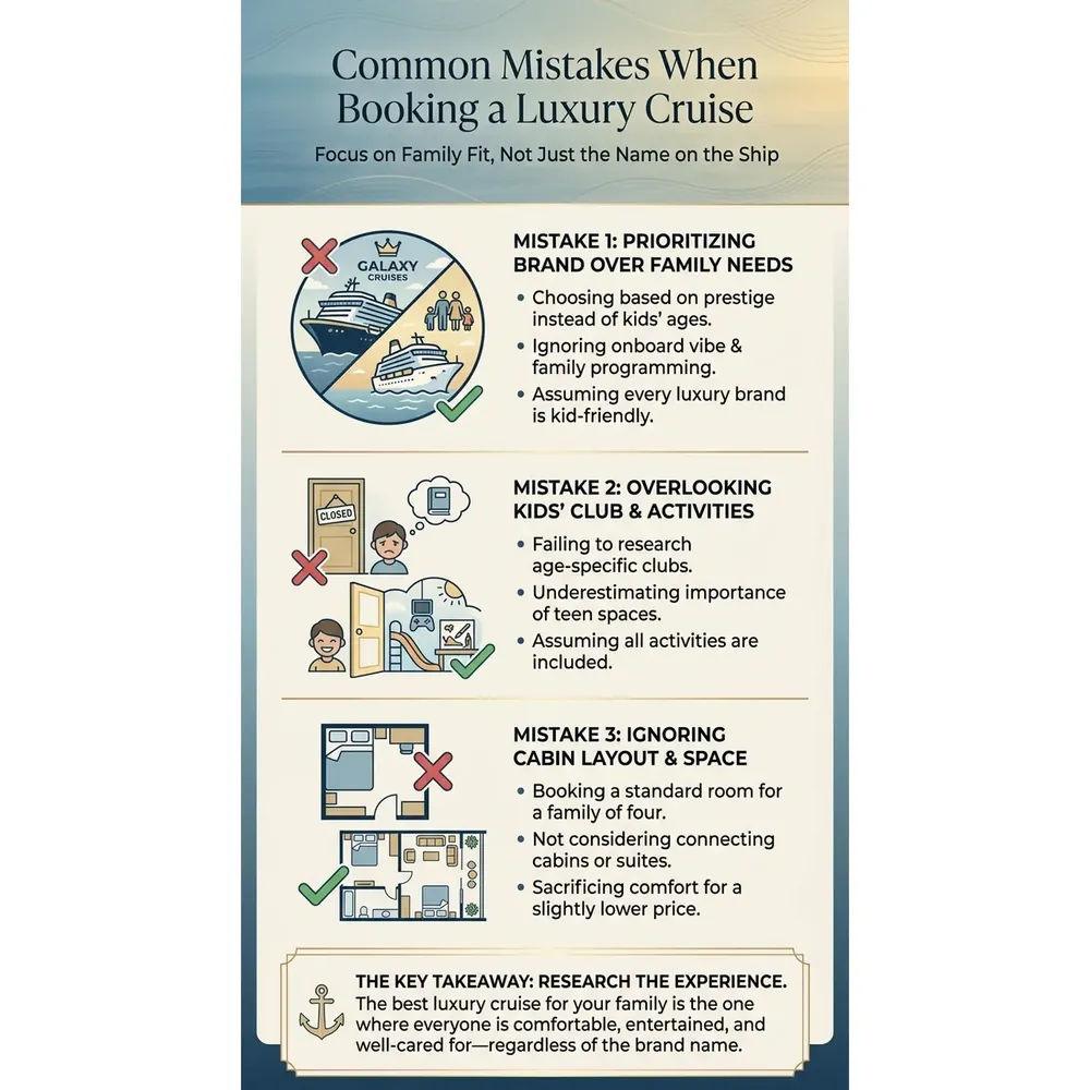 Top 3 Family Luxury Cruises – Common Mistakes When Booking a Luxury Cruise infographic for luxury cruise planning. Key details: ![Featured image](/_images/top-3-family-luxury-cruises-featured.webp). Visual focus: A visually engaging list of common mistakes families make when.