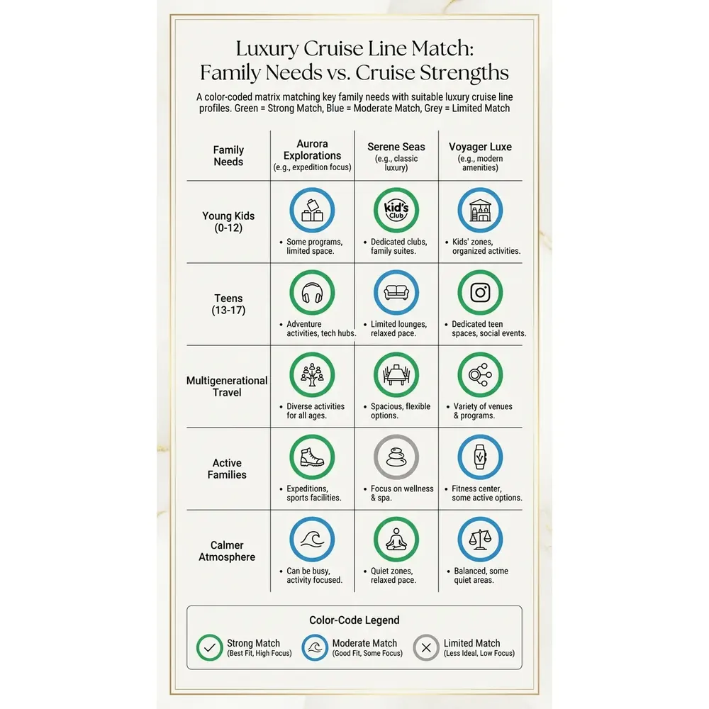 Top 3 Family Luxury Cruises – Luxury Cruise Line Match: Family Needs vs. Cruise Strengths infographic for luxury cruise planning. Key details: ![Featured image](/_images/top-3-family-luxury-cruises-featured.webp). Visual focus: A matrix matching family needs (young kids, teens, multigenerational.