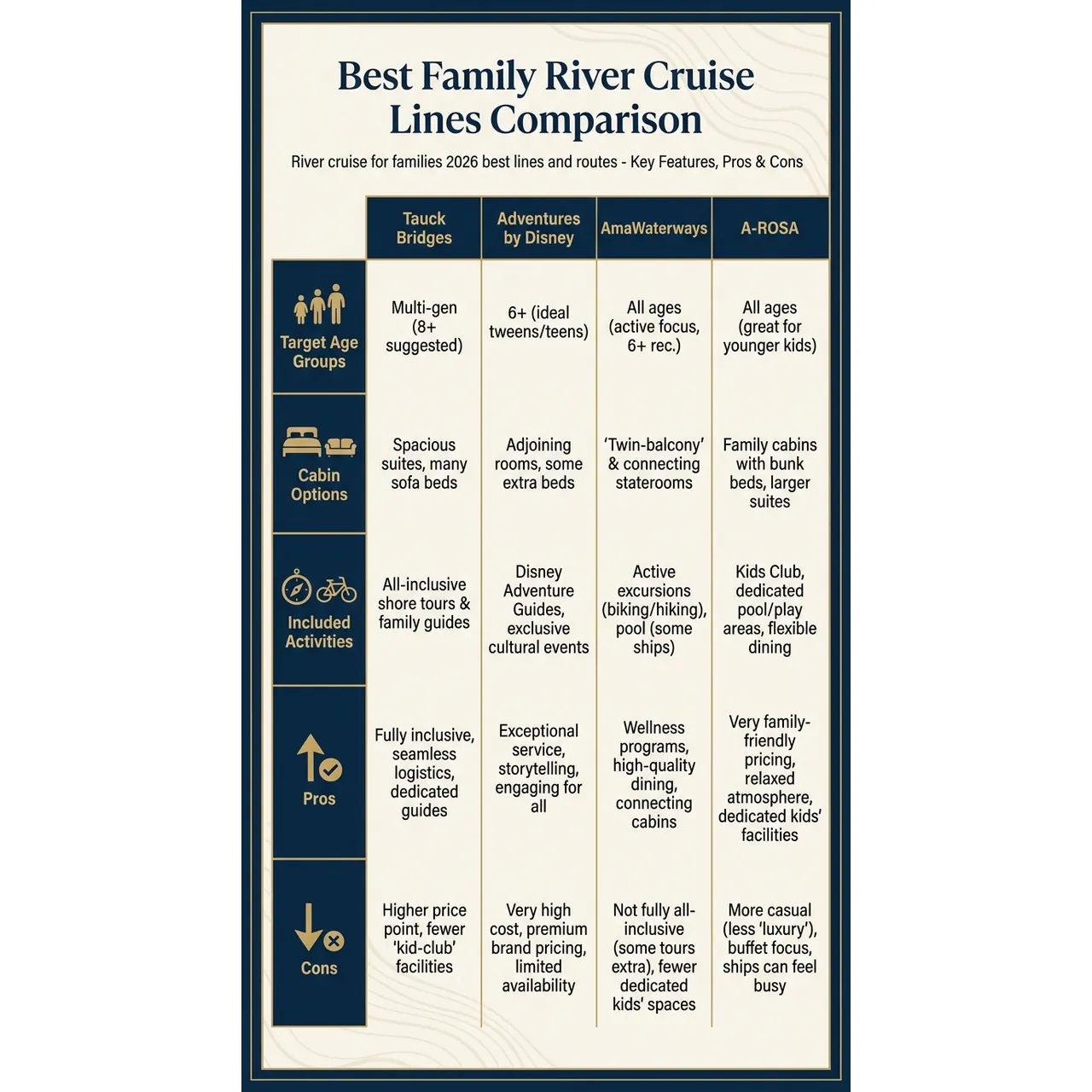 River cruise for families 2026 best lines and routes – Best Family River Cruise Lines Comparison infographic for luxury travel planning. Key details: A **river cruise for families** can be an excellent trip when the children are old enough. Visual focus: A comparison table outlining the key features, pros, and cons of each.