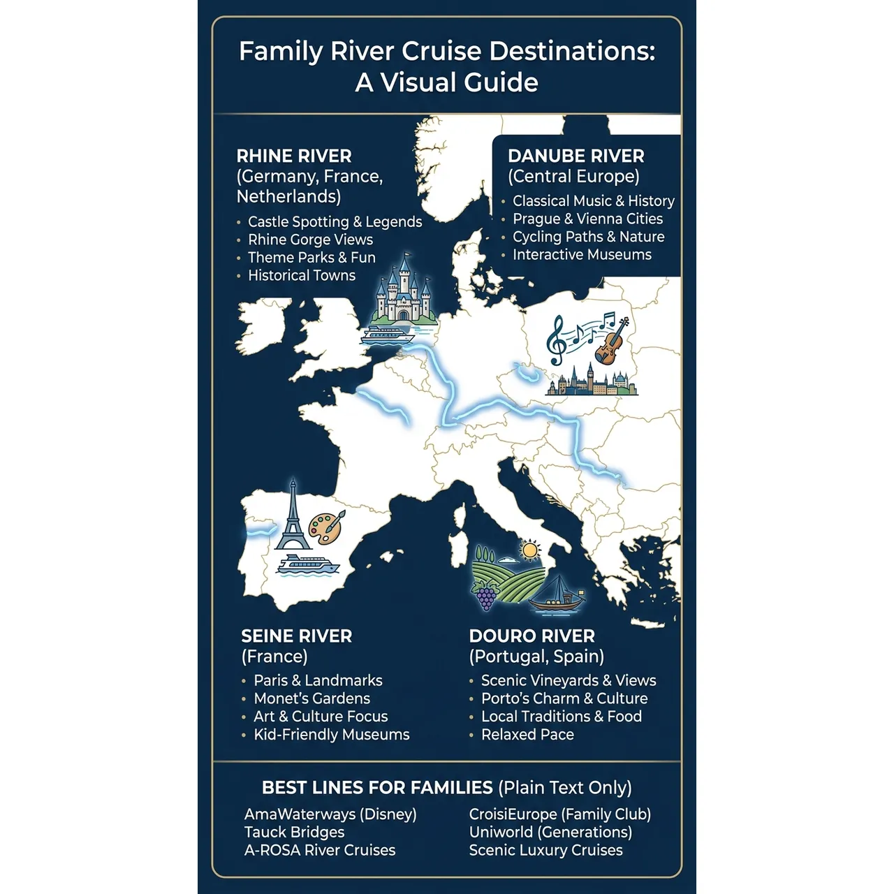 River cruise for families 2026 best lines and routes – Family River Cruise Destinations: A Visual Guide infographic for luxury travel planning. Key details: A **river cruise for families** can be an excellent trip when the children are old enough. Visual focus: A map of Europe highlighting the Rhine, Danube, Seine, and Douro.