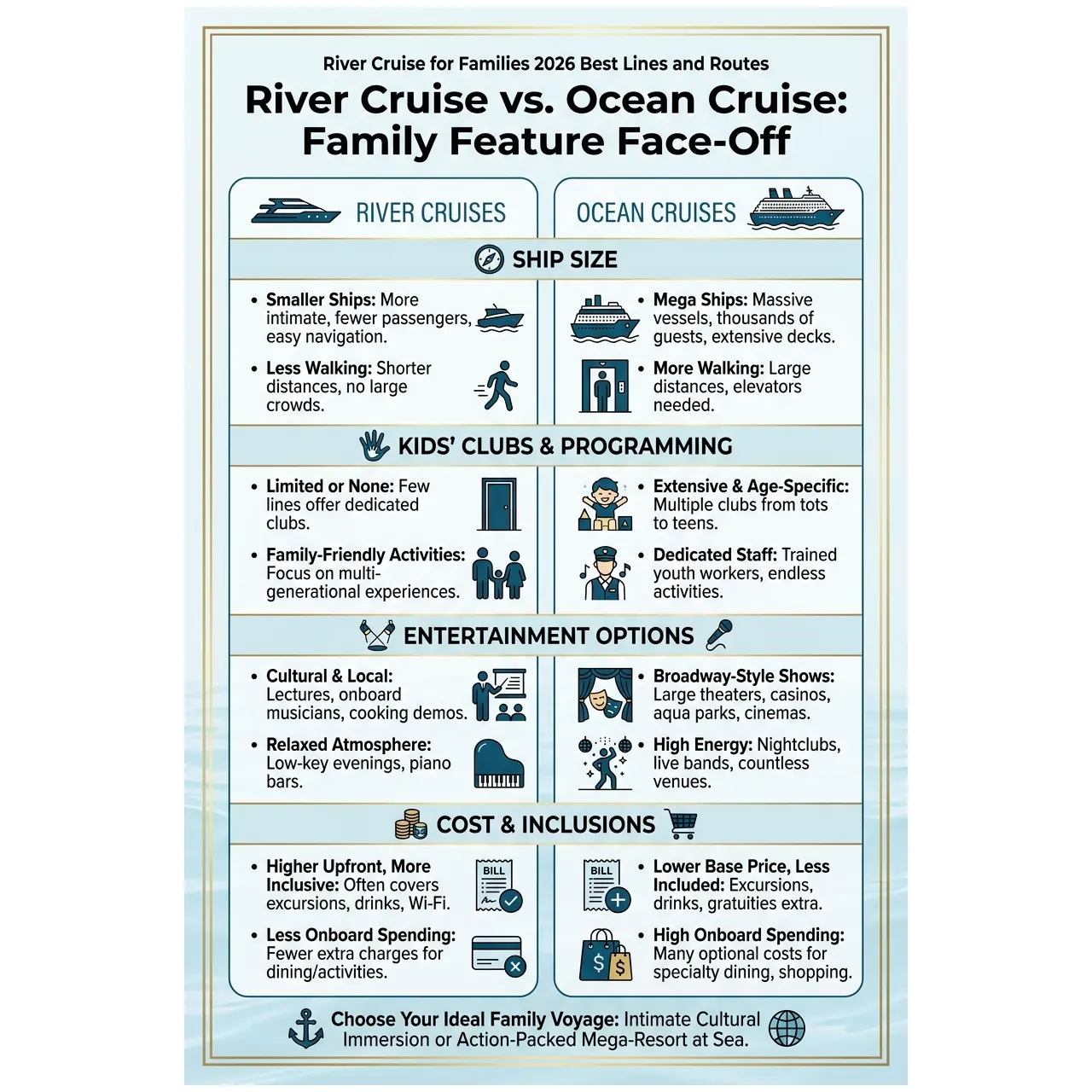River cruise for families 2026 best lines and routes – River Cruise vs. Ocean Cruise: Family Feature Face-Off infographic for luxury travel planning. Key details: A **river cruise for families** can be an excellent trip when the children are old enough. Visual focus: A side-by-side comparison table contrasting river cruises and ocean.