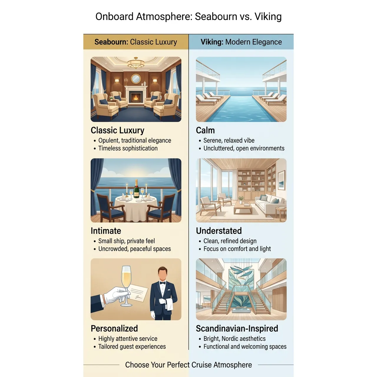 Seabourn vs Viking Which Cruise Line Fits You Best – Onboard Atmosphere: Seabourn vs. Viking overview. Seabourn vs Viking Which Cruise Line Fits You Best – Onboard Atmosphere: Seabourn vs. Viking infographic for luxury travel planning. Key details: If you're comparing Seabourn vs Viking, you're already looking above the standard cruise. Visual focus: A visual comparison of the onboard atmosphere, using keywords and.