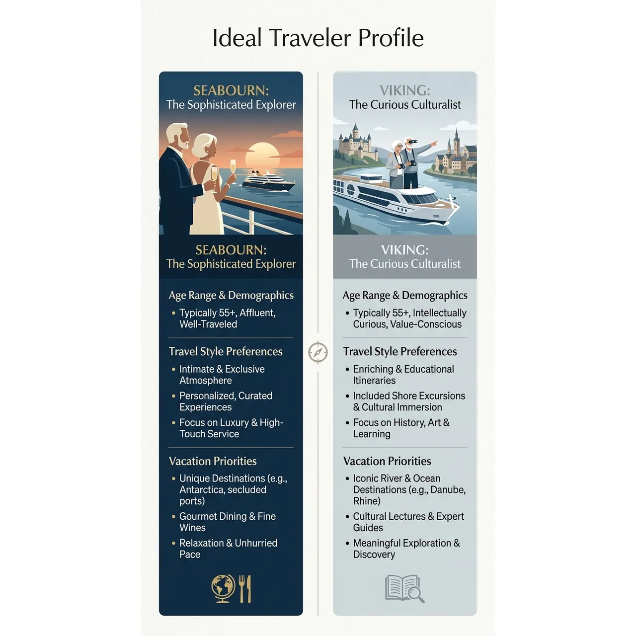 Seabourn vs Viking Which Cruise Line Fits You Best – Ideal Traveler Profile overview. Seabourn vs Viking Which Cruise Line Fits You Best – Ideal Traveler Profile infographic for luxury travel planning. Key details: If you're comparing Seabourn vs Viking, you're already looking above the standard cruise. Visual focus: Two distinct 'persona' descriptions, one for Seabourn and one for.