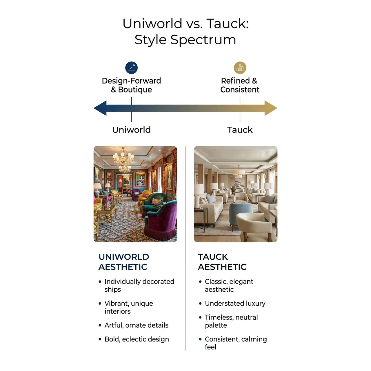 Uniworld vs Tauck Which Luxury River Cruise Fits You – Uniworld vs. Tauck: Style Spectrum infographic for luxury travel planning. Key details: If you are weighing Uniworld vs Tauck river cruises, you are already looking in the right. Visual focus: Visually compare Uniworld and Tauck's design aesthetics using a.
