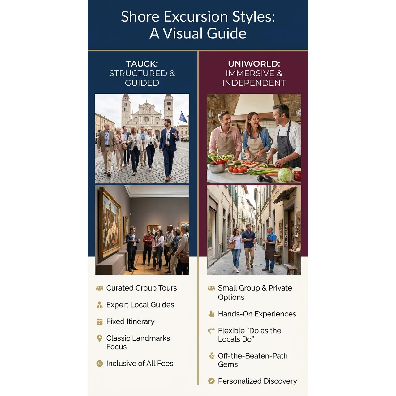 Uniworld vs Tauck Which Luxury River Cruise Fits You – Shore Excursion Styles: A Visual Guide infographic for luxury travel planning. Key details: If you are weighing Uniworld vs Tauck river cruises, you are already looking in the right. Visual focus: Illustrate the difference in shore excursion styles with contrasting.