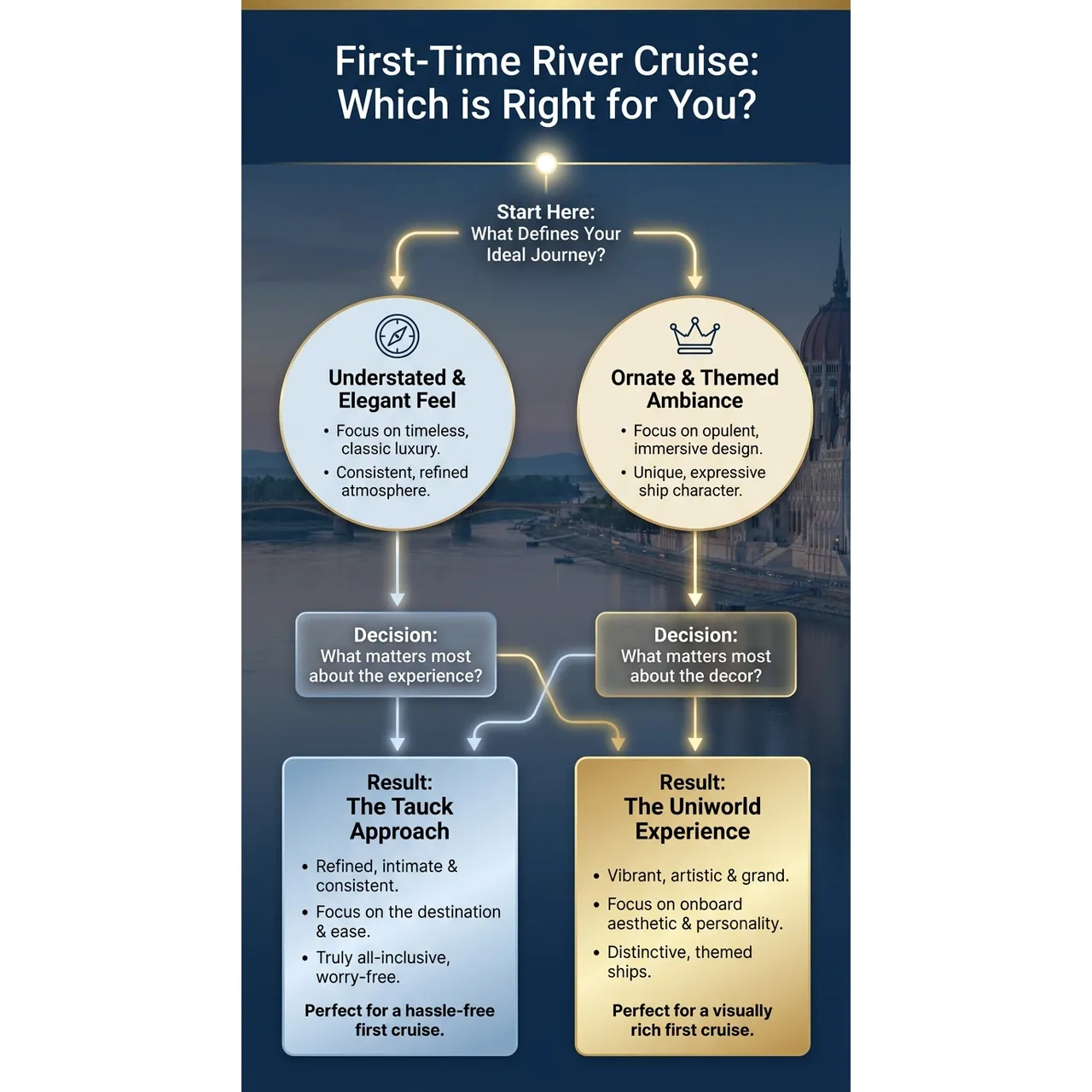Uniworld vs Tauck Which Luxury River Cruise Fits You – First-Time River Cruise: Which is Right for You? infographic for luxury travel planning. Key details: If you are weighing Uniworld vs Tauck river cruises, you are already looking in the right. Visual focus: A flowchart or decision tree guiding first-time river cruisers to.