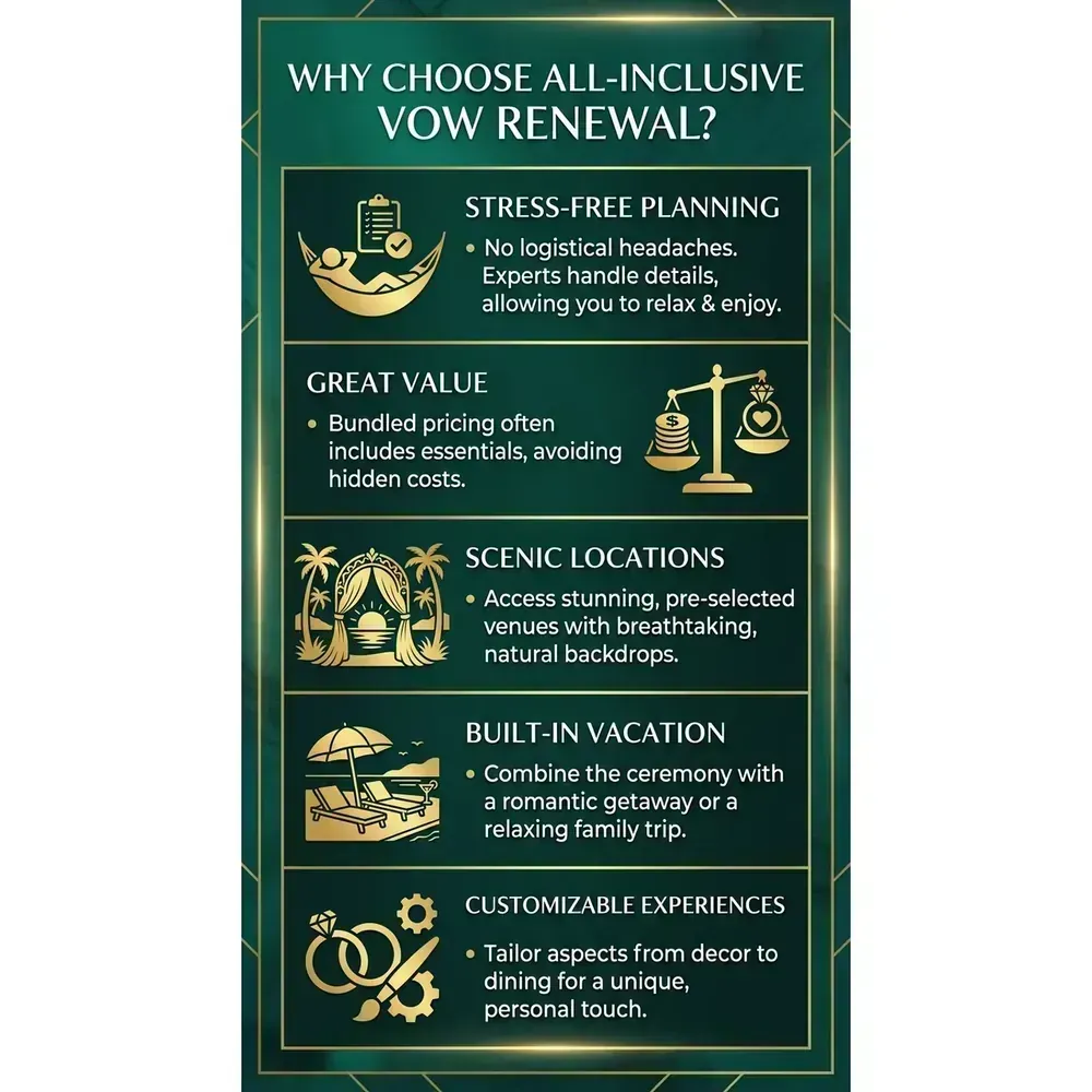 All-Inclusive Vow Renewal Packages – 2026 Guide | LVC – Why Choose All-Inclusive Vow Renewal? overview. All-Inclusive Vow Renewal Packages – 2026 Guide | LVC – Why Choose All-Inclusive Vow Renewal? infographic for luxury destination wedding and travel planning. Key details: Featured image. Visual focus: Visually showcase the benefits of all-inclusive vow renewal packages,.